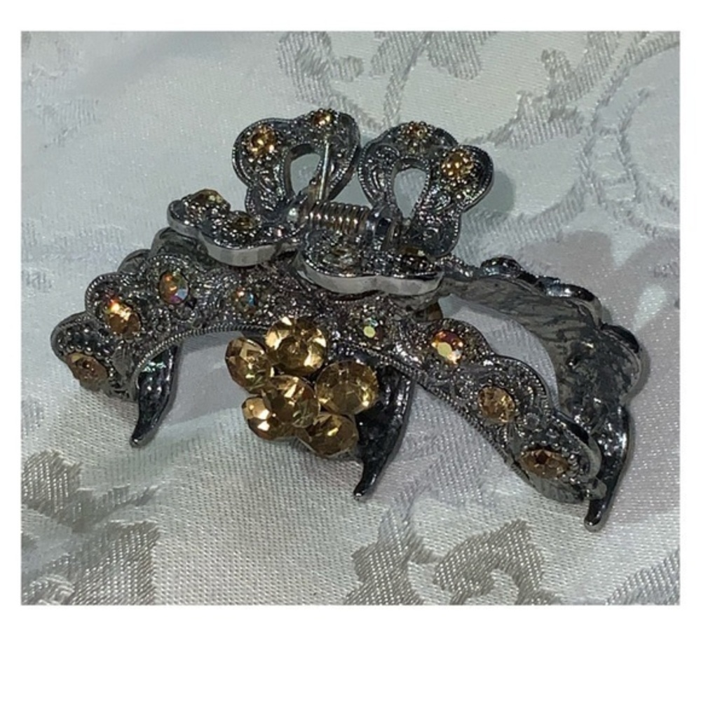 Silver Ornate Golden Yellow Bejeweled Heavy Spring Sparkly 3” Hair Clip
